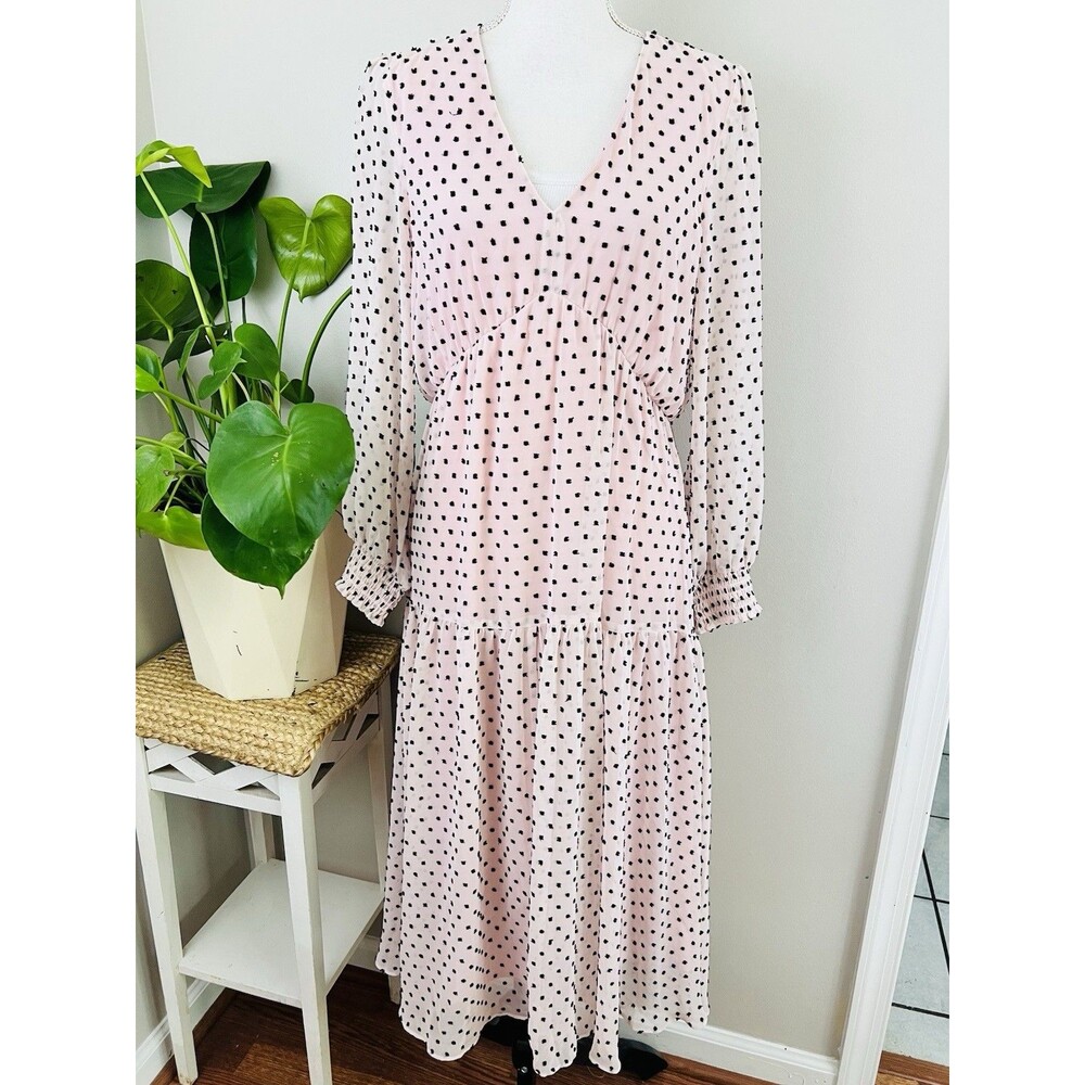 Maison Tara Pink Polka Dot Maxi Dress V Neck Whimsigoth Cottagecore Romantic Med